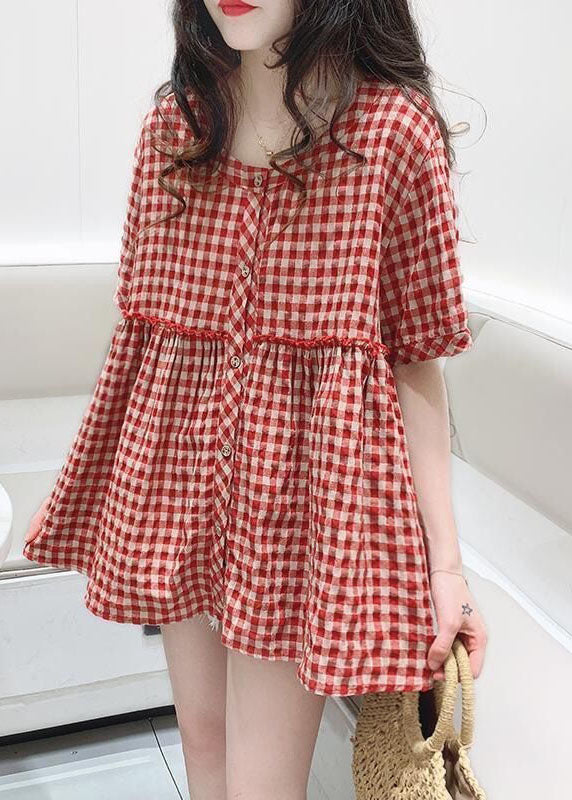 Women Red O Neck Plaid Wrinkled Patchwork Cotton Shirt Top Summer