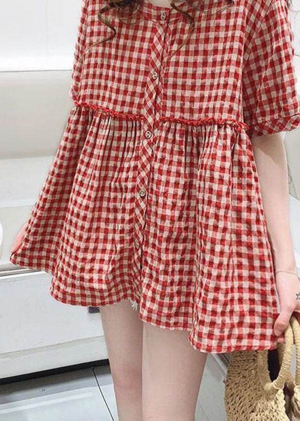 Women Red O Neck Plaid Wrinkled Patchwork Cotton Shirt Top Summer