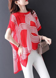 Women Red O Neck Print Patchwork Chiffon Tops Batwing Sleeve