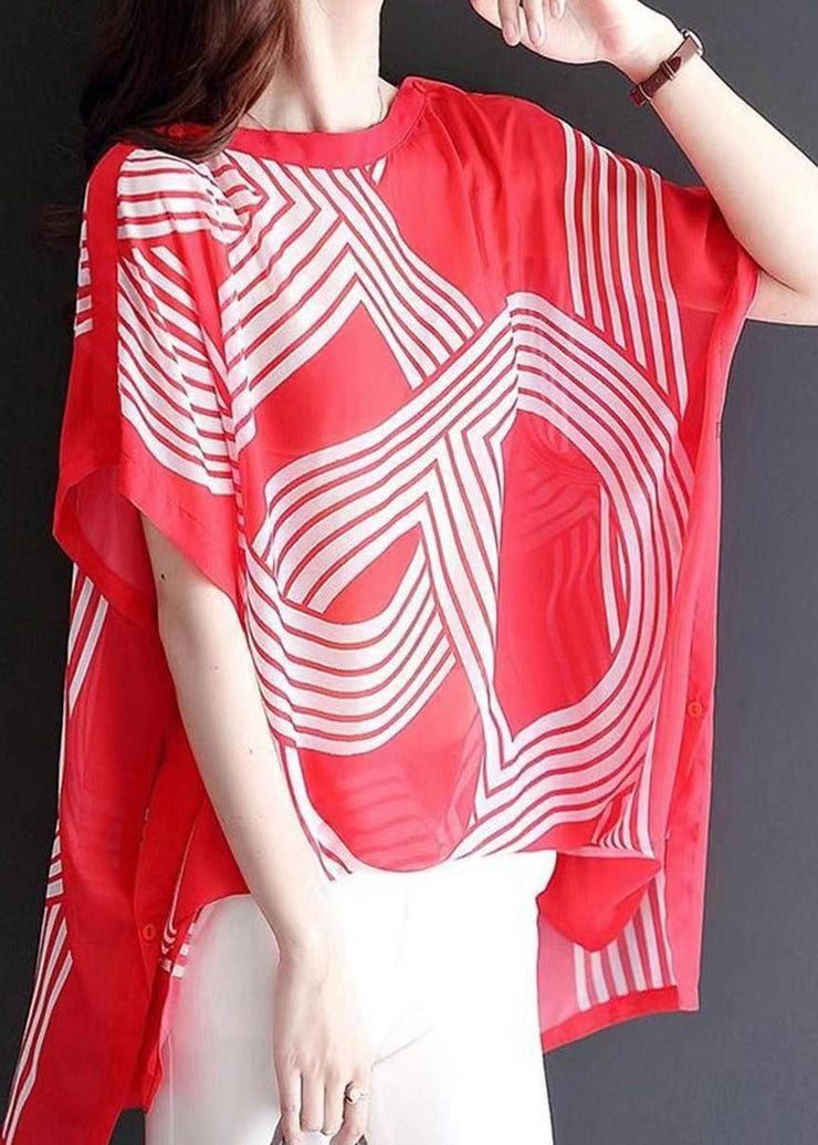 Women Red O Neck Print Patchwork Chiffon Tops Batwing Sleeve