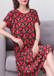 Women Red O Neck Print Patchwork Cotton Dress Summer