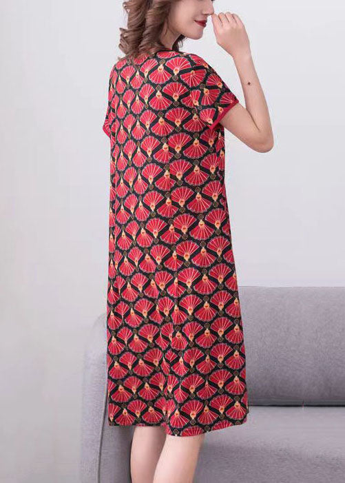 Women Red O Neck Print Patchwork Cotton Dress Summer