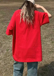 Women Red O Neck Print Patchwork Cotton T Shirt Summer