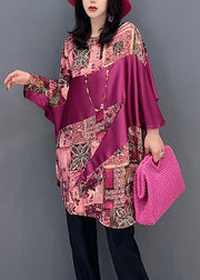 Women Red O-Neck Print Patchwork Top Batwing Sleeve
