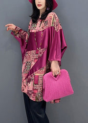 Women Red O-Neck Print Patchwork Top Batwing Sleeve
