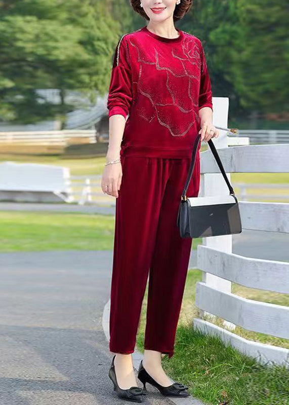 Women Red O-Neck Print Silk Velour Top And Crop Pants Two Piece Set Long Sleeve