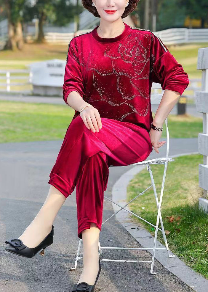 Women Red O-Neck Print Silk Velour Top And Crop Pants Two Piece Set Long Sleeve