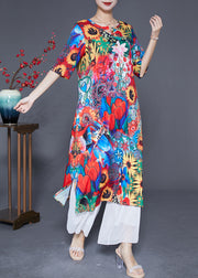 Women Red O-Neck Sunflower Print Silk Dress Summer