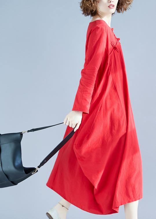 Women Red Outfit O Neck Asymmetric Robes Spring Dress - SooLinen