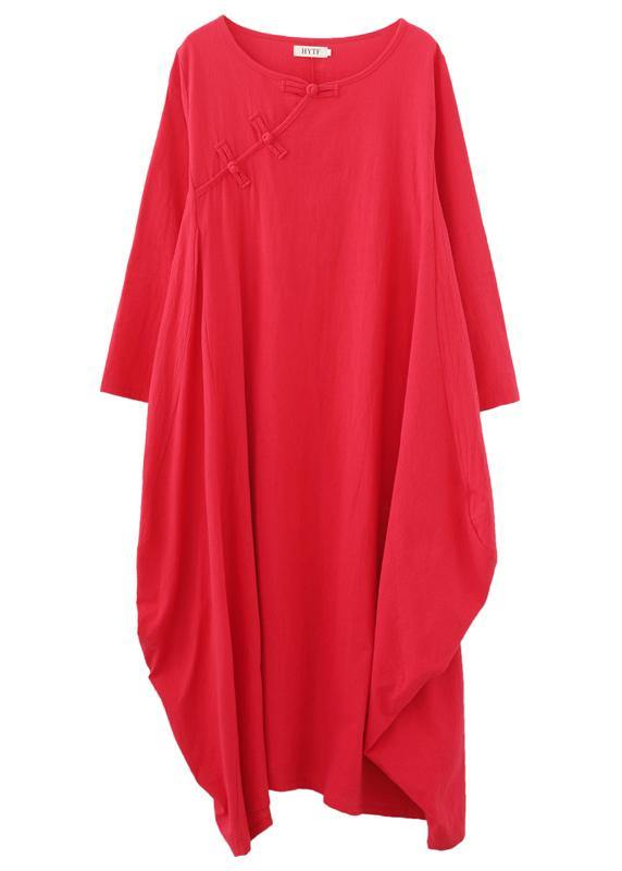 Women Red Outfit O Neck Asymmetric Robes Spring Dress - SooLinen