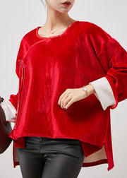 Women Red Oversized Bow Silk Velour Shirt Tops Spring