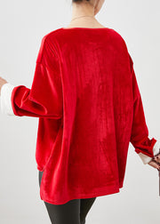 Women Red Oversized Bow Silk Velour Shirt Tops Spring