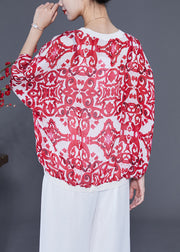 Women Red Oversized Print Drawstring Cotton Tanks Batwing Sleeve