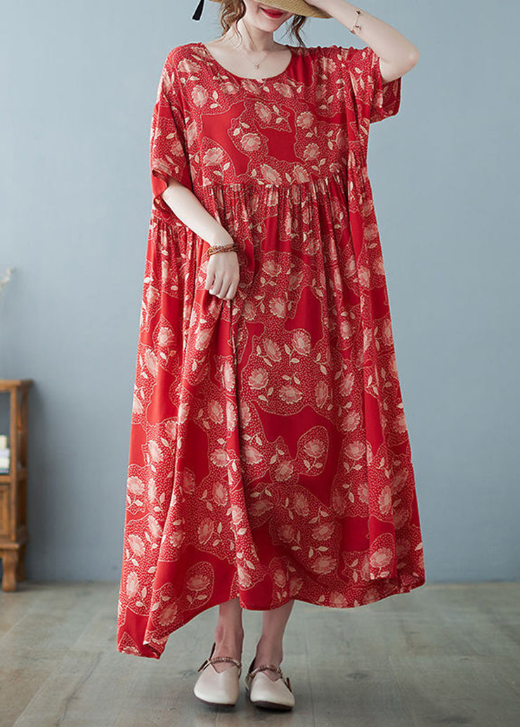 Women Red Oversized Print Exra Large Hem Cotton Vacation Dresses Summer