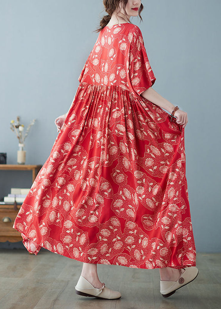 Women Red Oversized Print Exra Large Hem Cotton Vacation Dresses Summer