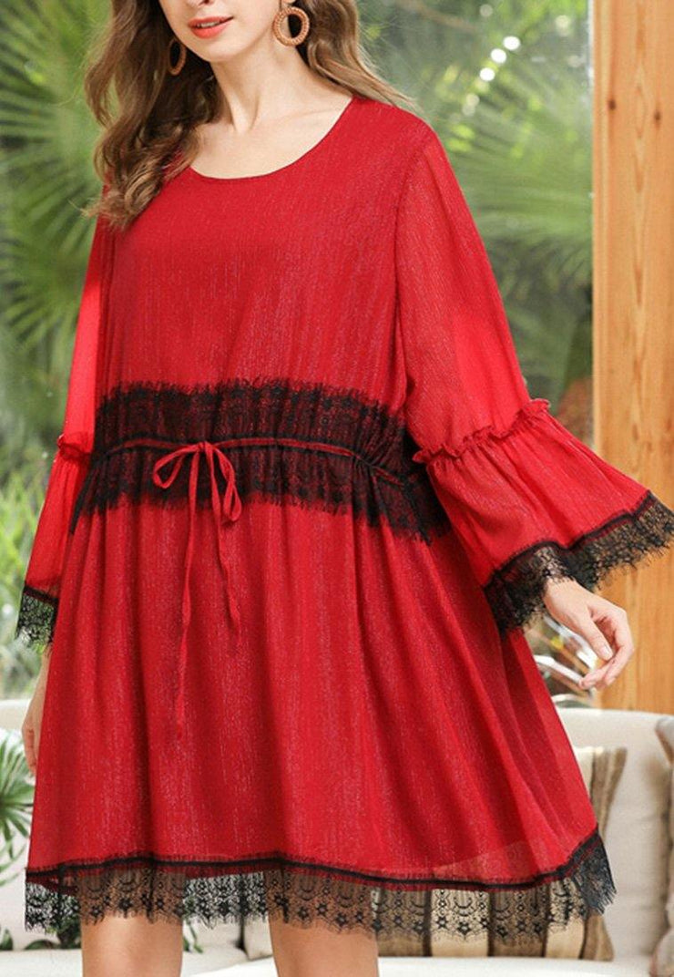 Women Red Patchwork Chiffon Lace Spring Dresses - SooLinen