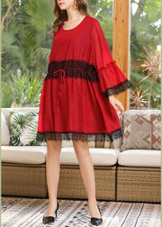 Women Red Patchwork Chiffon Lace Spring Dresses - SooLinen