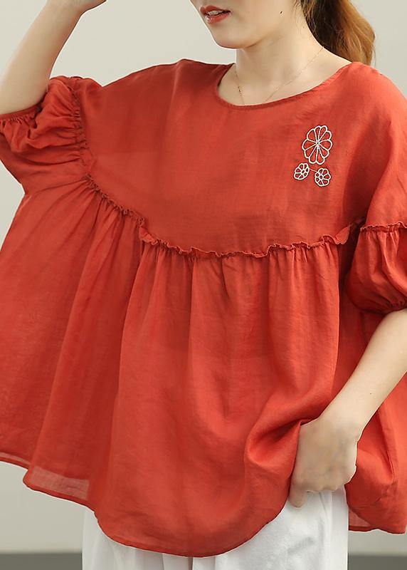 Women Red Patchwork Ruffled Cotton Summer Blouse Top - SooLinen