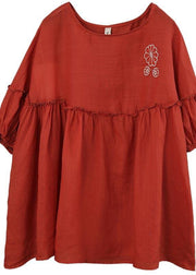 Women Red Patchwork Ruffled Cotton Summer Blouse Top - SooLinen