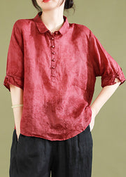 Women Red Peter Pan Collar Patchwork Button Linen Shirts Half Sleeve
