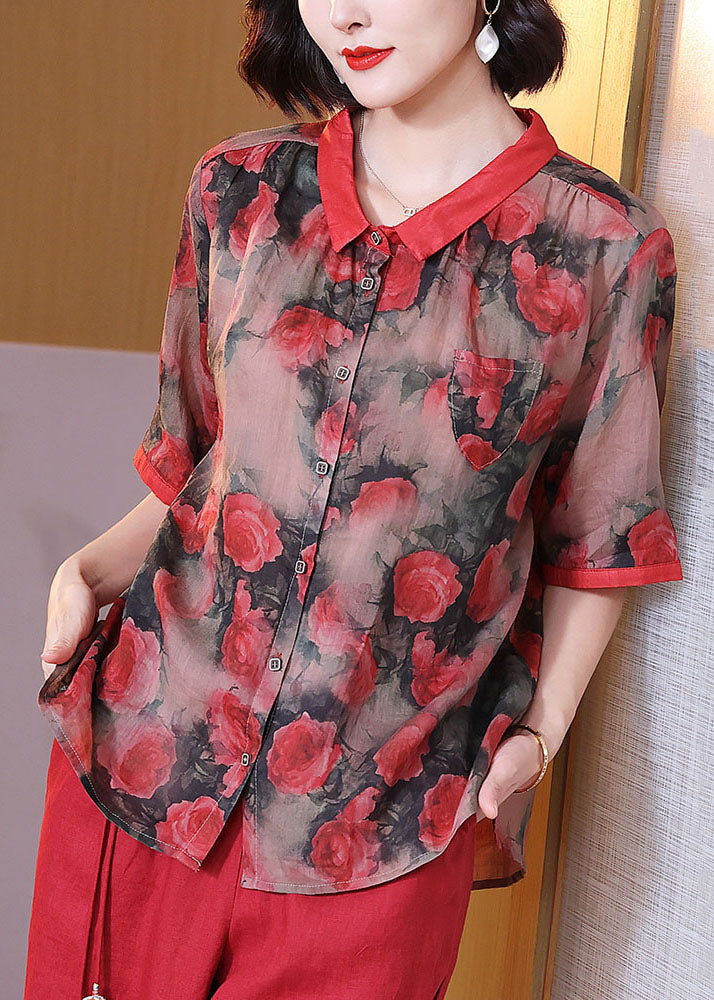 Women Red Peter Pan Collar Print Button Patchwork Linen Top Summer