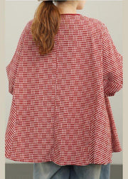 Women Red Plaid Batwing Sleeve Cotton Summer Blouses - SooLinen