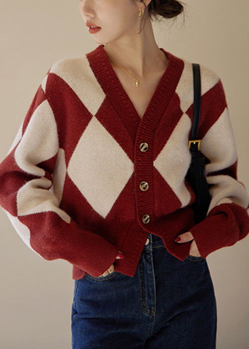 Women Red Plaid Button Patchwork Knit Sweaters Fall