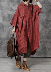 Women Red Plaid Pockets Patchwork Fall Three Quarter Sleeve Dresses - SooLinen