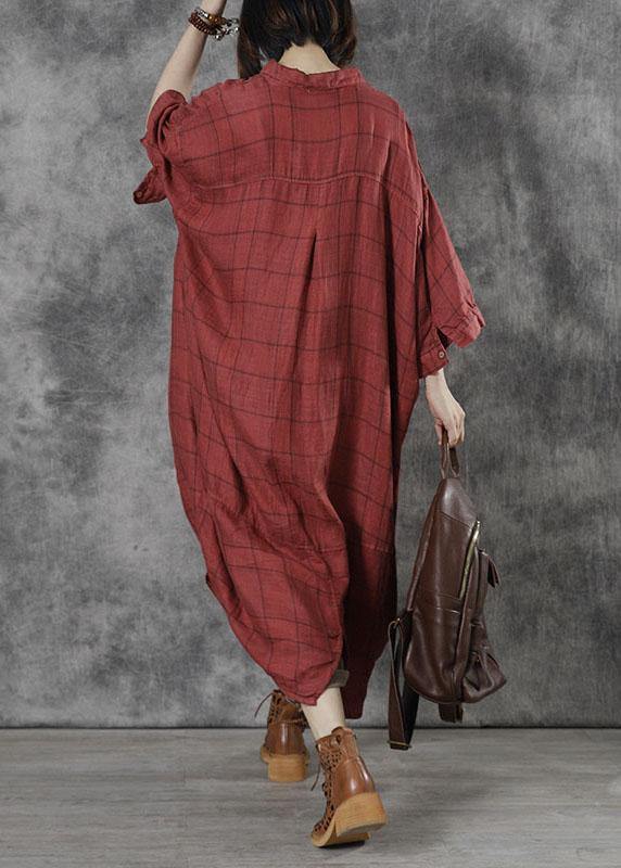 Women Red Plaid Pockets Patchwork Fall Three Quarter Sleeve Dresses - SooLinen