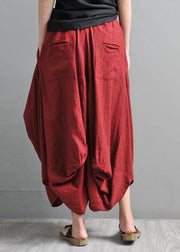Women Red Pockets Cotton Linen Big crotch pants Summer Pants - SooLinen