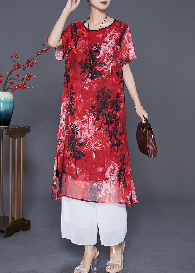Women Red Print ChineseButton Chiffon Vacation Dresses Summer