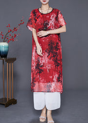Women Red Print ChineseButton Chiffon Vacation Dresses Summer