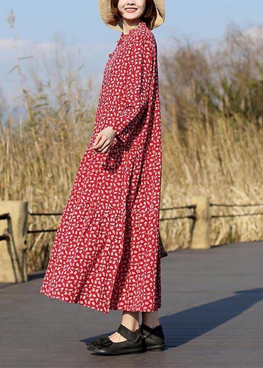 Women Red Print Clothes For Women Stand Collar Patchwork Dresses Spring Dresses - SooLinen