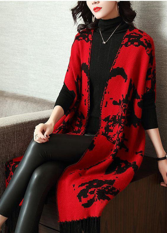 Women Red Print Knit Wool Long Cardigans Short Sleeve