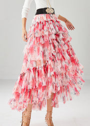 Women Red Print Low High Design Tulle Skirt Fall