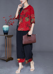 Women Red Print Patchwork Slim Fit Silk Two Piece Set Outfits Half Sleeve
