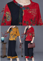Women Red Print Patchwork Slim Fit Silk Two Piece Set Outfits Half Sleeve