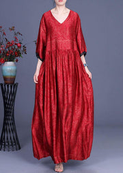 Women Red Print Silk Half Sleeve Summer Dresses - SooLinen