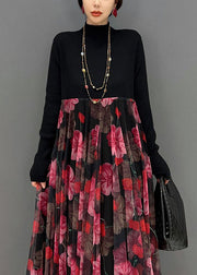 Women Red Print Stand Collar Patchwork Tulle Knit Long Dress Spring