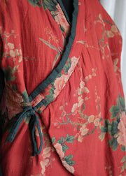 Women Red Print Tie Waist Fine Cotton Filled Vests Winter