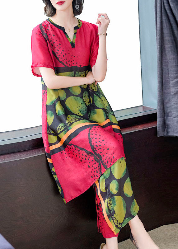 Women Red Print Tops And Pants Silk Two Pieces Set Summer