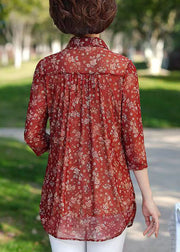 Women Red Print Wrinkled Patchwork Chiffon Shirt Tops Summer