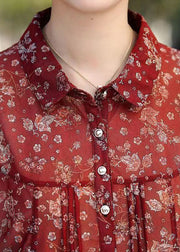 Women Red Print Wrinkled Patchwork Chiffon Shirt Tops Summer