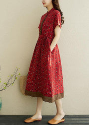 Women Red Print stand collar Robe Summer Cotton Dress - SooLinen