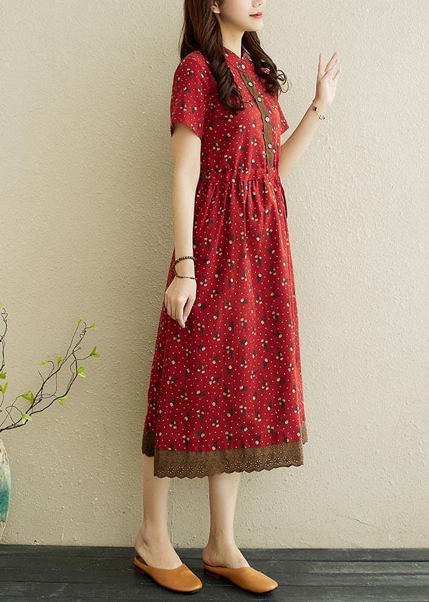 Women Red Print stand collar Robe Summer Cotton Dress - SooLinen