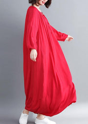 Women Red Quilting Dresses O Neck large hem Long Spring Dresses - SooLinen