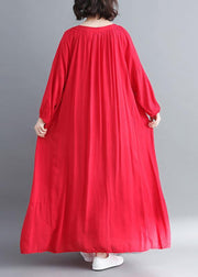 Women Red Quilting Dresses O Neck large hem Long Spring Dresses - SooLinen