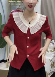 Women Red Ruffled Button Knit Tops Long Sleeve