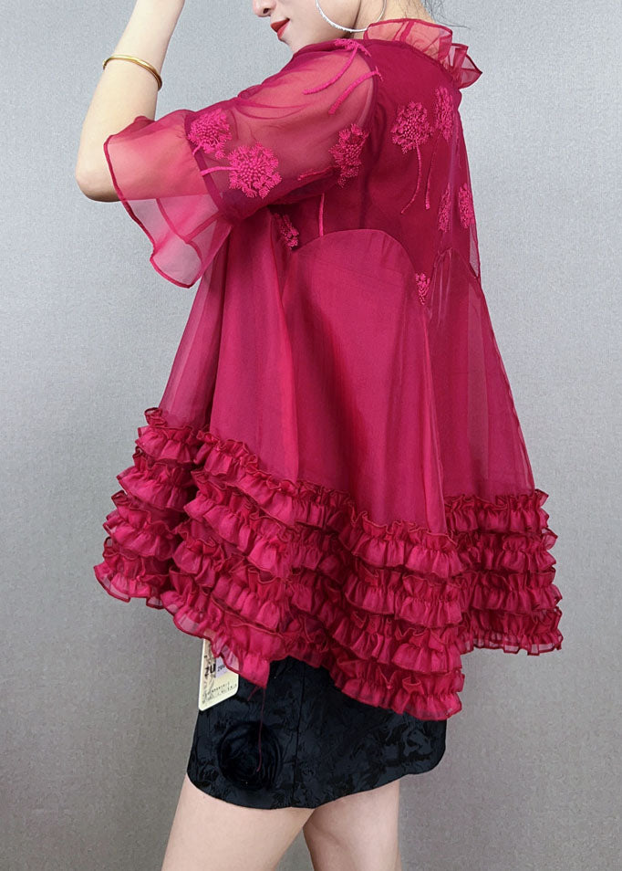 Women Red Ruffled Embroidered Patchwork Tulle Shirt Top Summer
