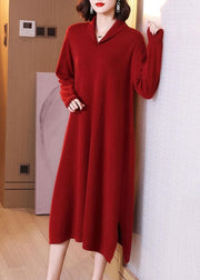 Women Red Side Peter Pan Collar Open Cotton Knit Dress Long Sleeve